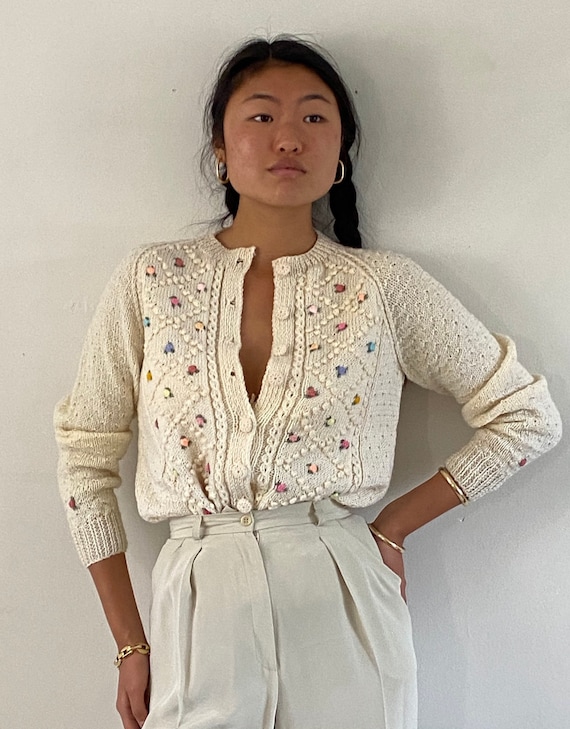 60s hand knit embroidered cardigan sweater / vinta
