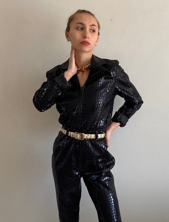 90s snakeskin pant suit / vintage black shiny viny