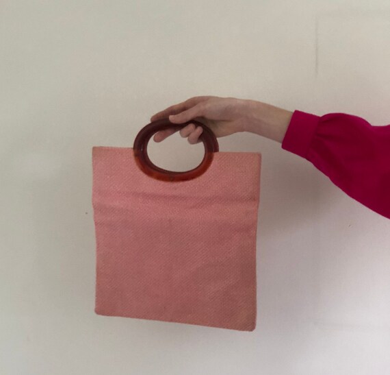 70s bakelite top handle purse / pink woven tapestry e… Gem