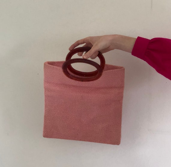 70s bakelite top handle purse / pink woven tapestry e… Gem