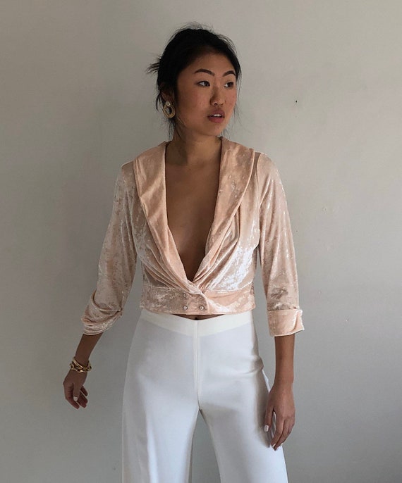 90s crushed velvet wrap blouse / vintage blush pin