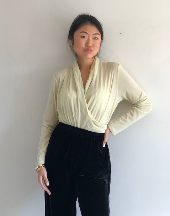 90s mesh top / vintage pistachio silk blend wrap f