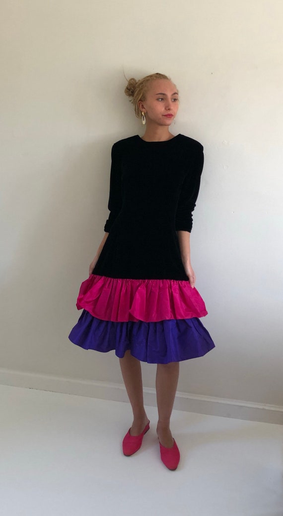 80s velvet ruffle dress / vintage black velvet dro