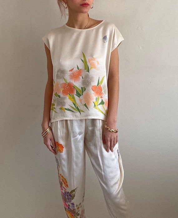 90s hand painted silk charmeuse pant suit set / vi