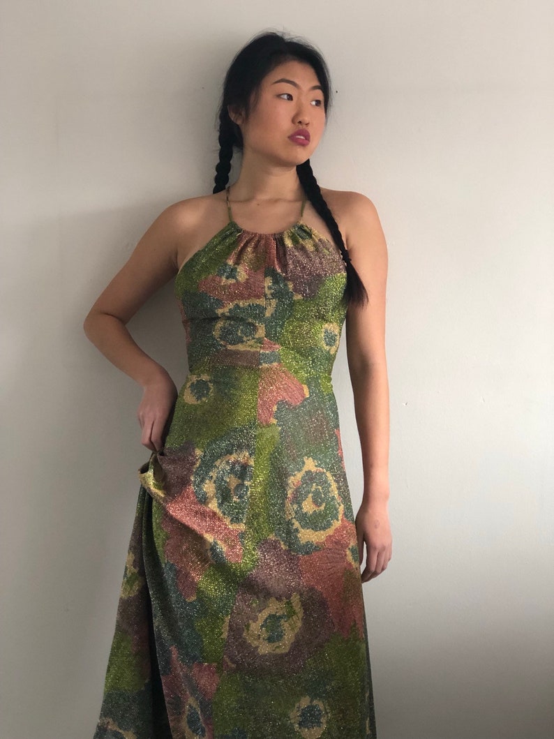 70s Halter Maxi Dress Vintage Gold Olive Shimmery Backless Etsy