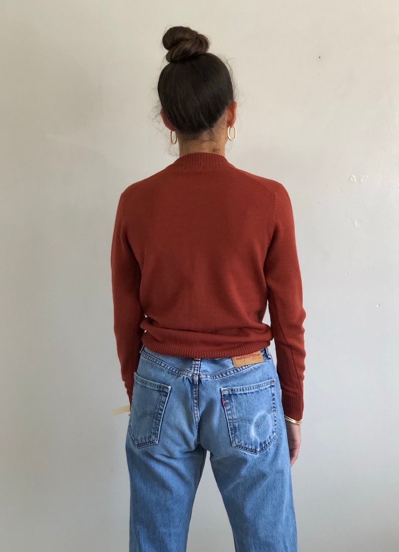 XXS XS 80s wool sweater  vintage pure wool terra cotta cable knit v neck sweater  rust wool snug cropped deadstock sweater