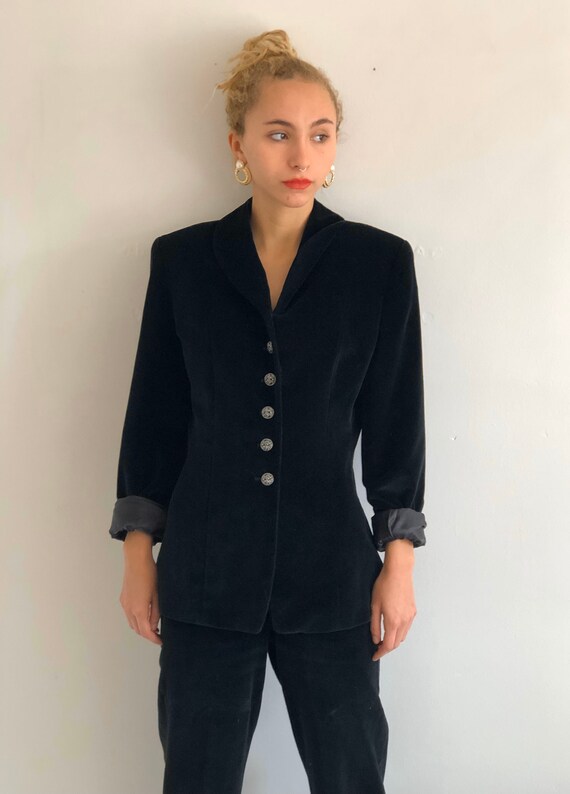 90s velvet pant suit / vintage black velvet pant s