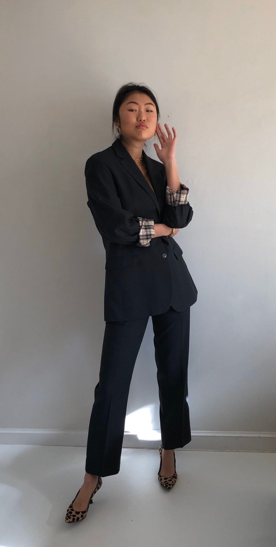 80s woven menswear pant suit / vintage olive textu