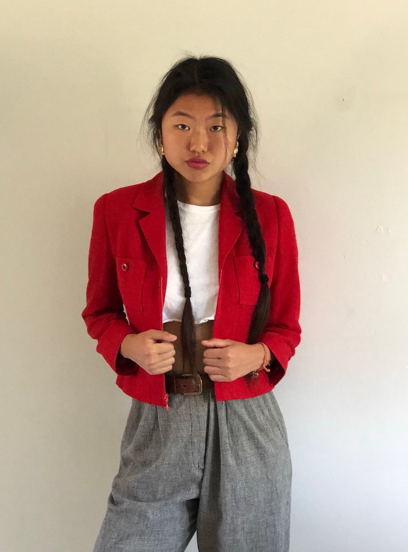 XS S 80s raw silk jacket vintage red raw silk cropped zip front fitted jacket blazer