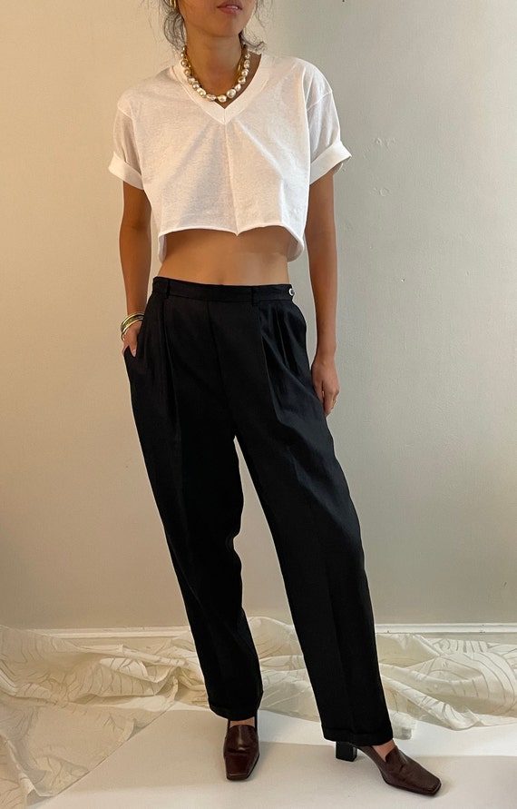 29 linen pleated pants / vintage 90s black linen high waisted pleated side  button tall relaxed baggy pants | size 29