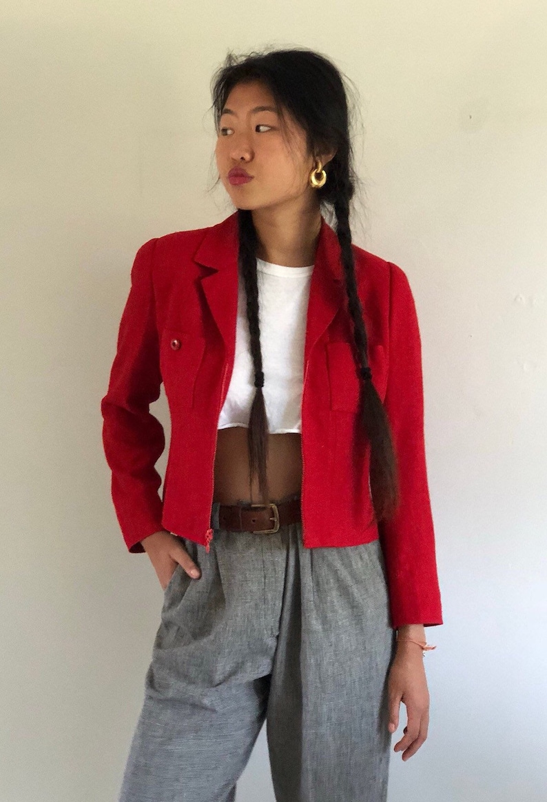 XS S 80s raw silk jacket vintage red raw silk cropped zip front fitted jacket blazer
