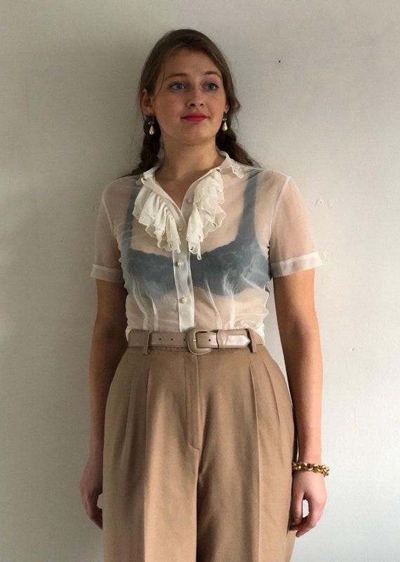 60s sheer ruffle blouse / vintage sheer creamy whi
