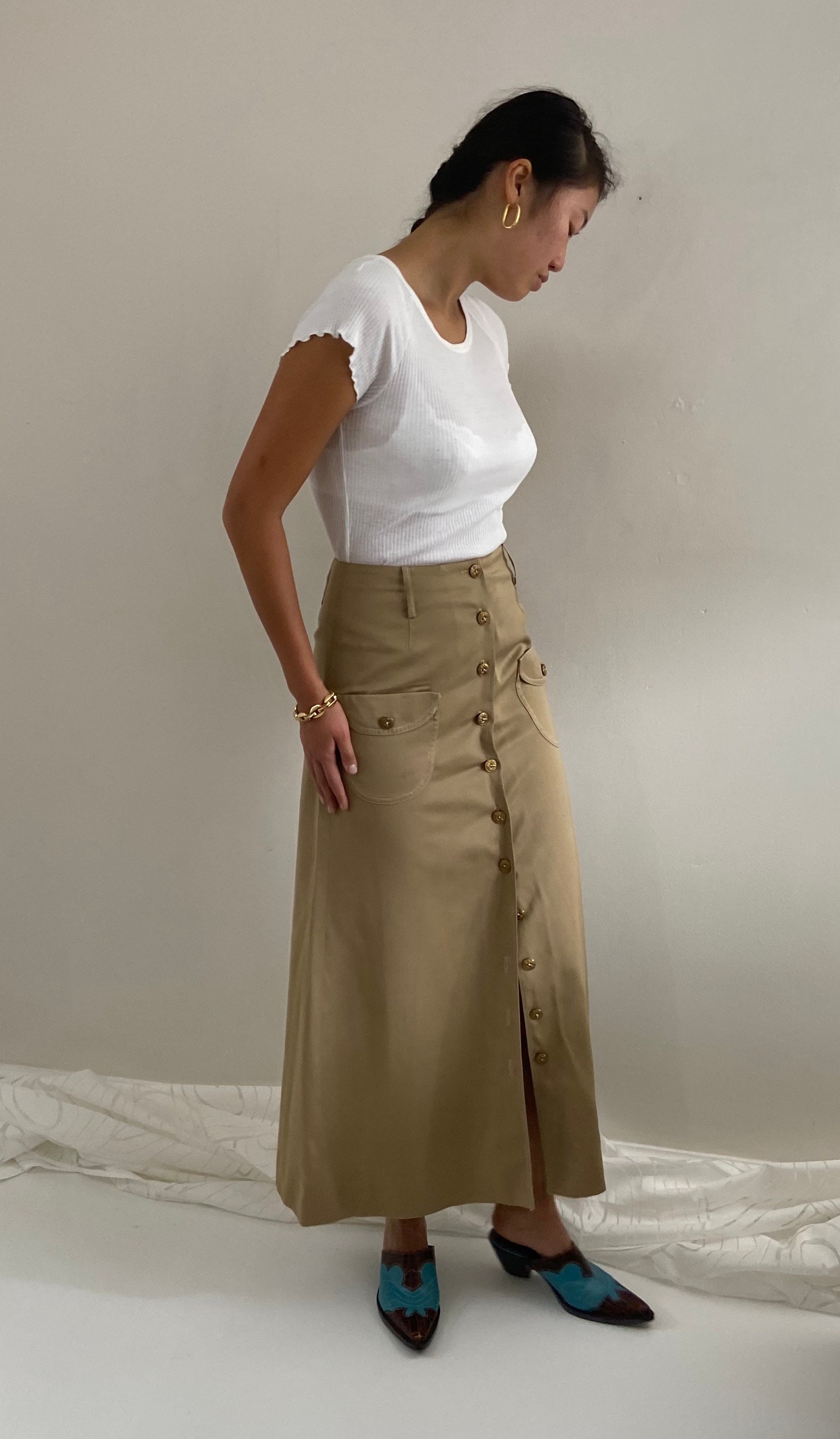 70s button front skirt / vintage khaki silk cotton gabardine Etsy