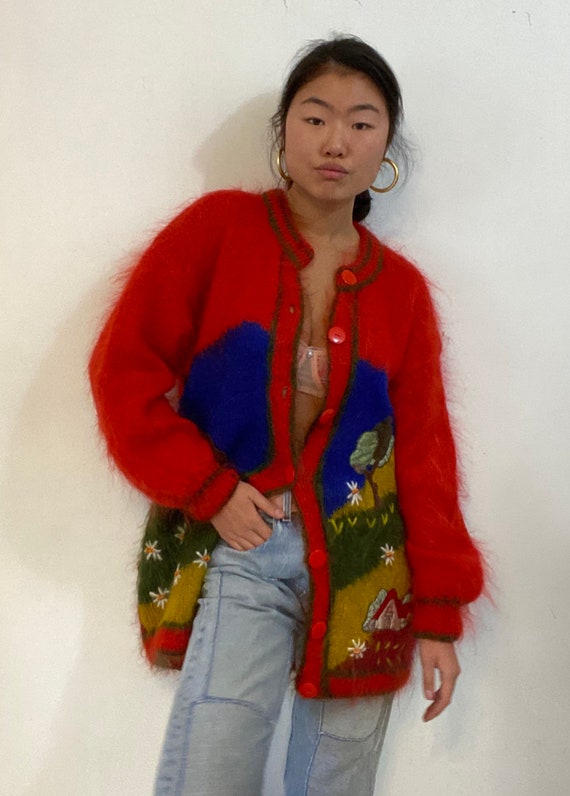 80s scenic mohair cardigan sweater / vintage hand
