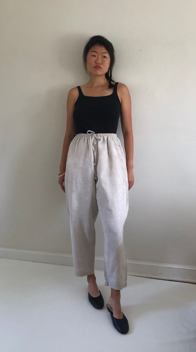 XS S M L 90s linen pants vintage high waisted ecru oatmeal woven linen drawstring elastic waist easy lounge baggy pants