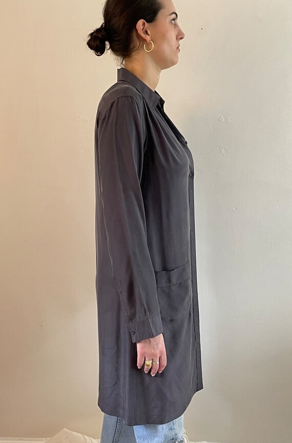 90s silk shirt dress duster / vintage pewter gray 100… Gem