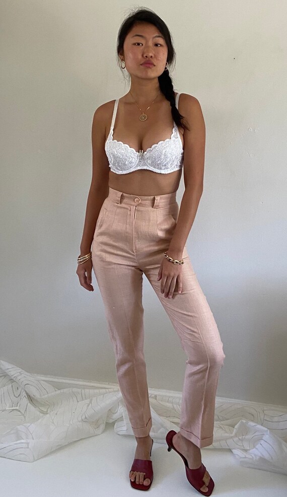 80s linen pants / vintage pale blush pink woven Ir