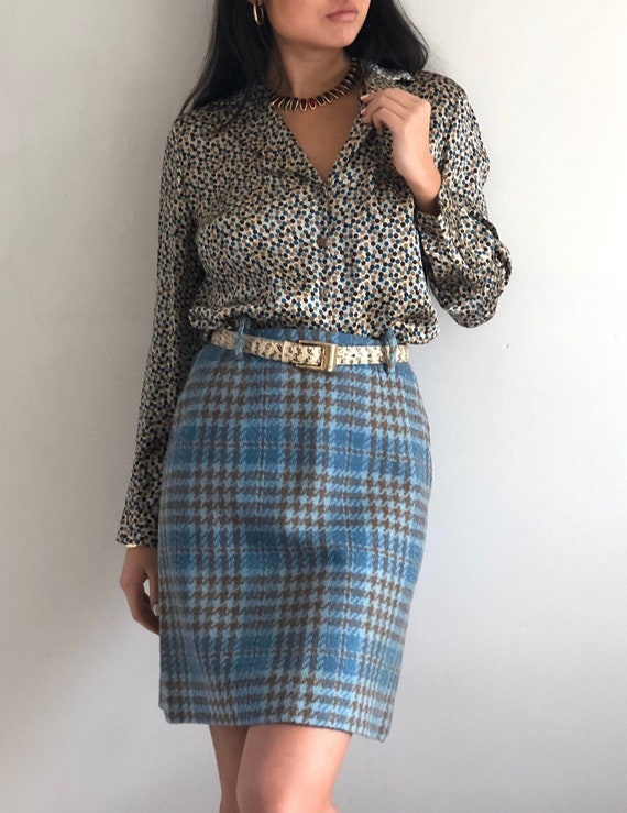 70s Wool Houndstooth Plaid Skirt Vintage Blue Brown Wool Etsy UK