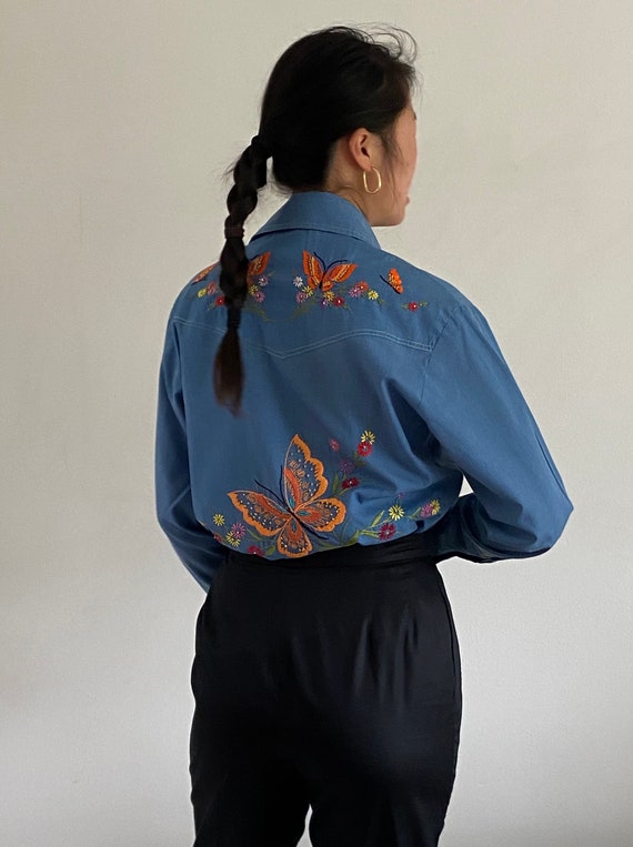 70s hand embroidered rare butterfly chambray shirt
