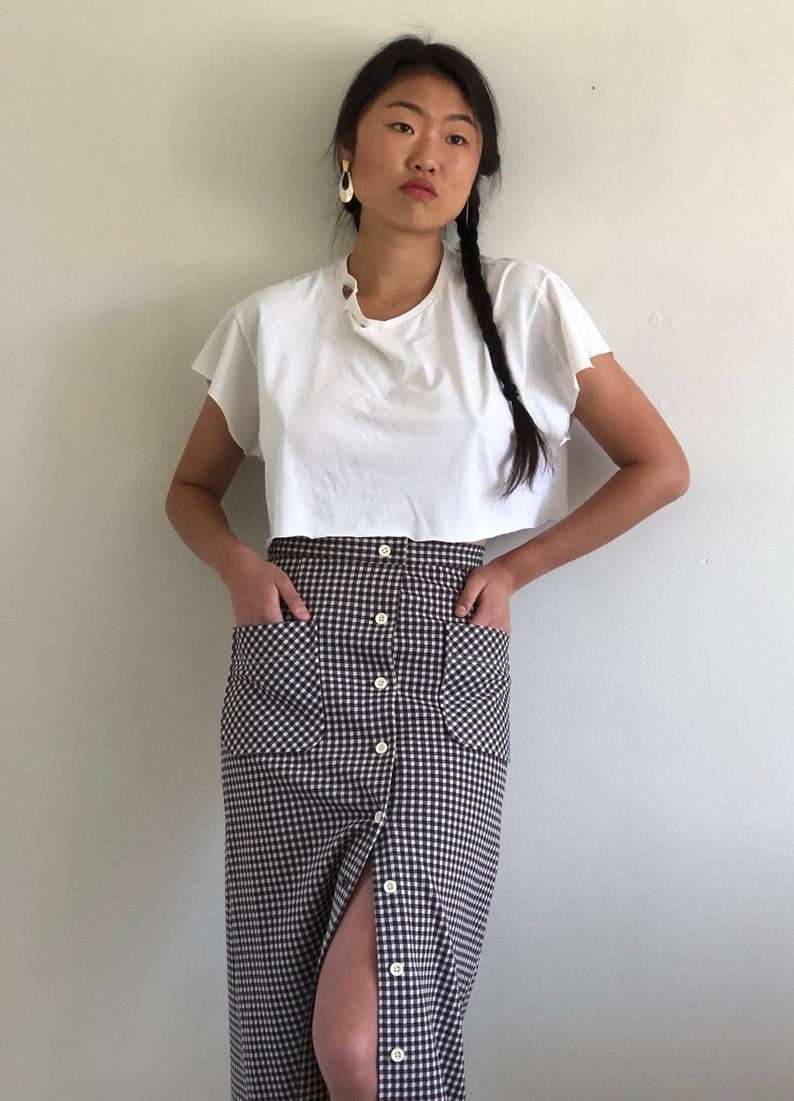 70s maxi skirt vintage brown gingham polyester knit long hostess button front patch pocket maxi skirt 26 W XS S