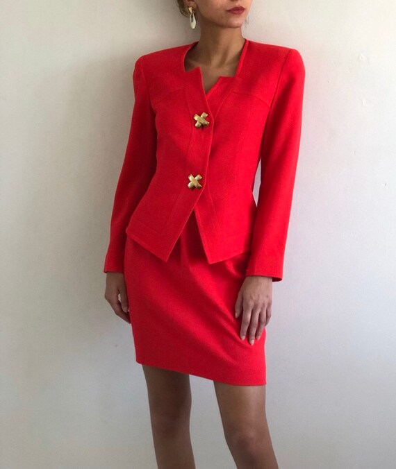 80s wool peplum suit / vintage red wool crepe ni