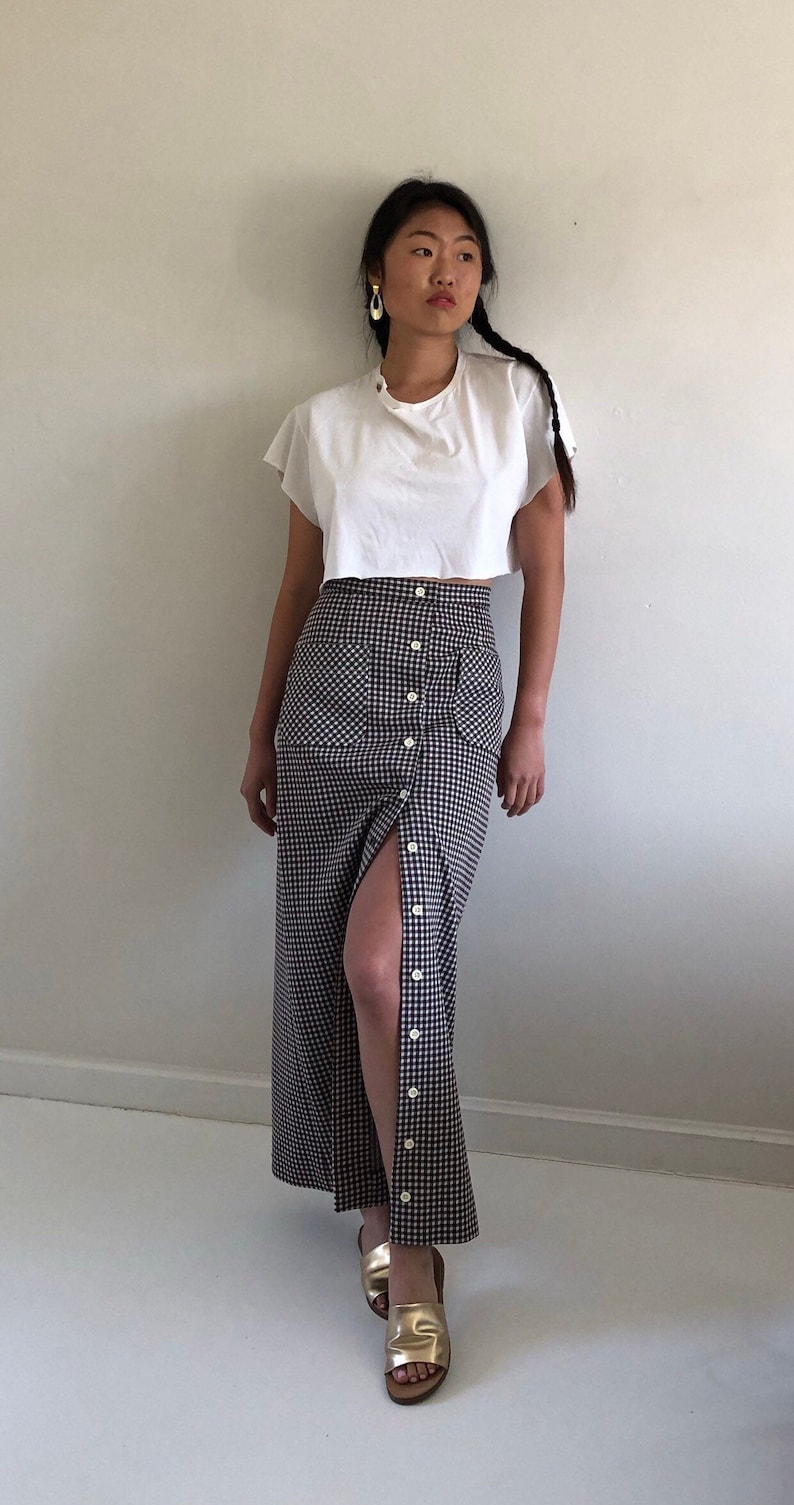 70s maxi skirt vintage brown gingham polyester knit long hostess button front patch pocket maxi skirt 26 W XS S