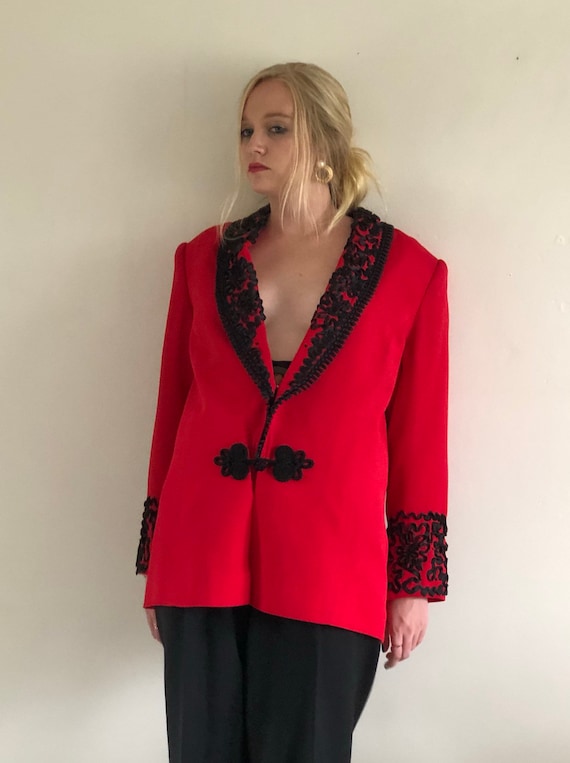 80s soutache blazer / vintage scarlet red crepe pl