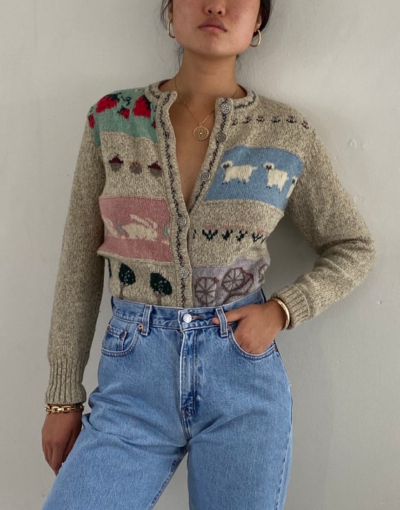 80s hand knit strawberry scenic wool button front