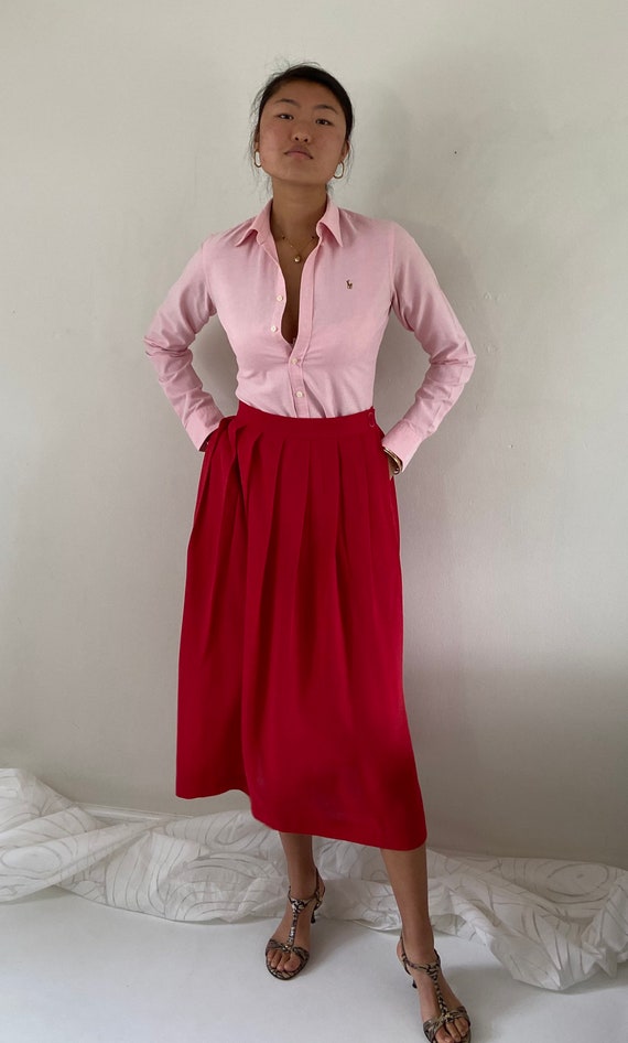 80s pleated skirt / vintage gauzy red semi sheer f