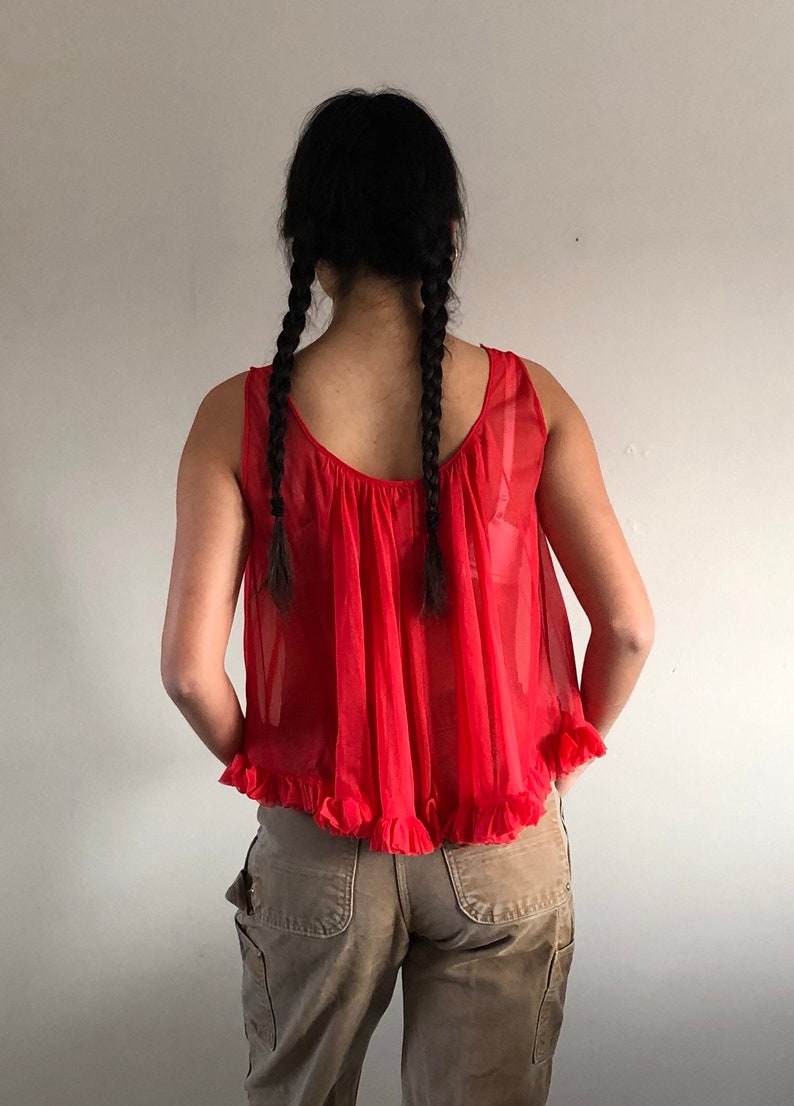 60s sheer babydoll blouse vintage neon red cropped frilly sleeveless swing top sheer red ruffled gathered sleeveless crop top M