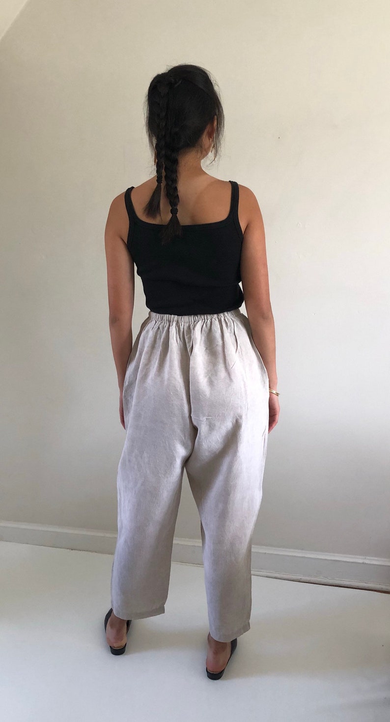 XS S M L 90s linen pants vintage high waisted ecru oatmeal woven linen drawstring elastic waist easy lounge baggy pants