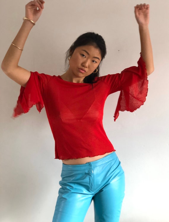 90s red mesh sheer top / vintage red sheer mesh be