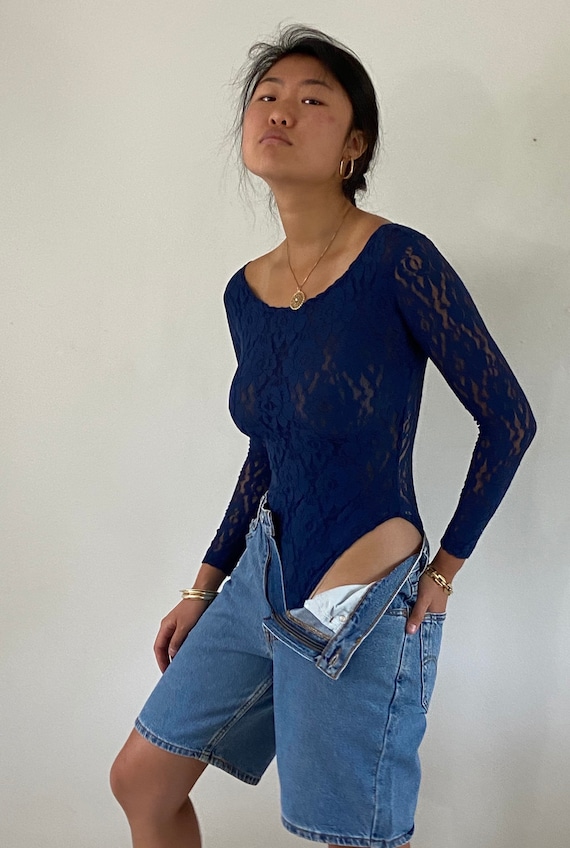 90s lace bodysuit / vintage navy blue stretch lace