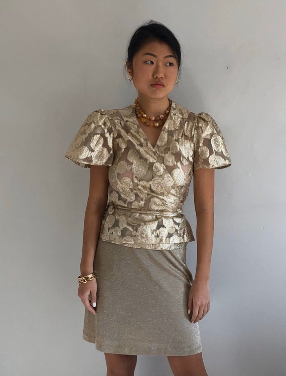 80s sheer gold wrap blouse / vintage gold metallic