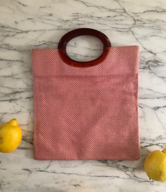 70s bakelite top handle purse / pink woven tapestry e… Gem