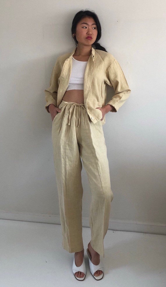 80s linen pant suit / vintage buttercream raw wove