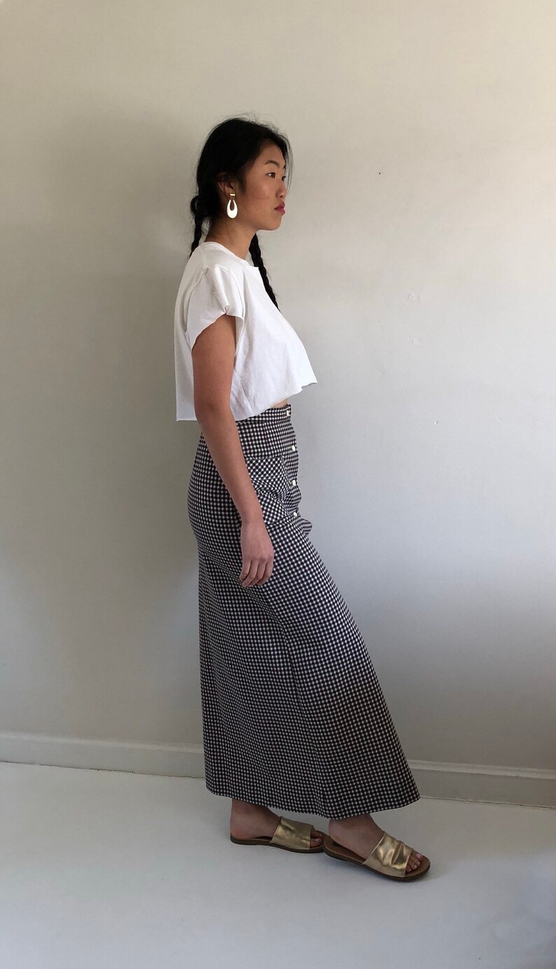 70s maxi skirt vintage brown gingham polyester knit long hostess button front patch pocket maxi skirt 26 W XS S