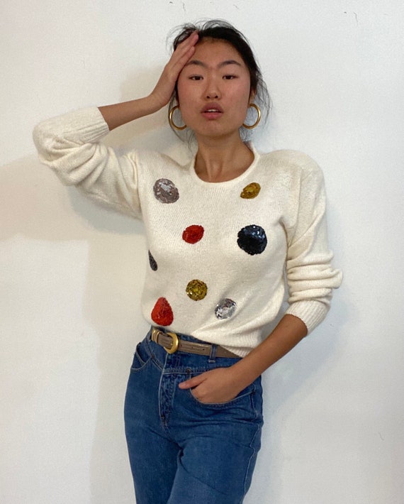 90s sequins batwing sweater / vintage white silk