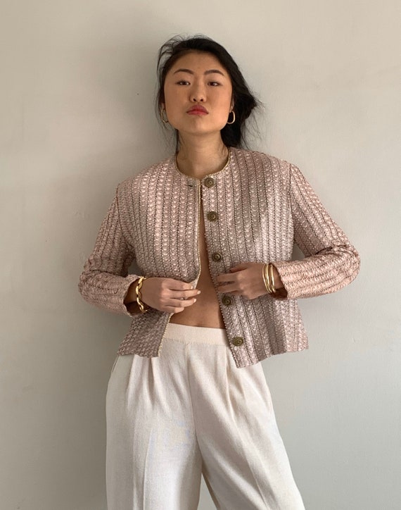 80s ribbon blazer / vintage blush woven pleated ri