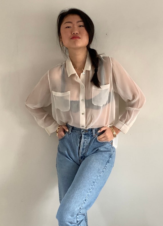 90s sheer silk pocket blouse / vintage creamy whit