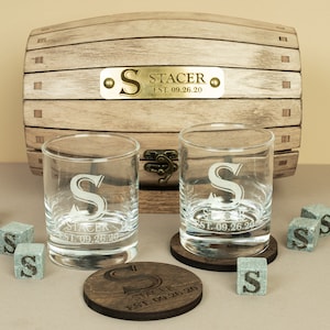 Groomsmen Gift set, Custom Whiskey Set with Personalized Whiskey Glasses, Stones and Coasters, Whiskey Barrel Gift Box, Best Man Gift