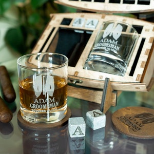 Groomsmen gift set, Engraved bourbon glasses and whiskey stones in a personalized barrel, Cool for the best man or usher image 2