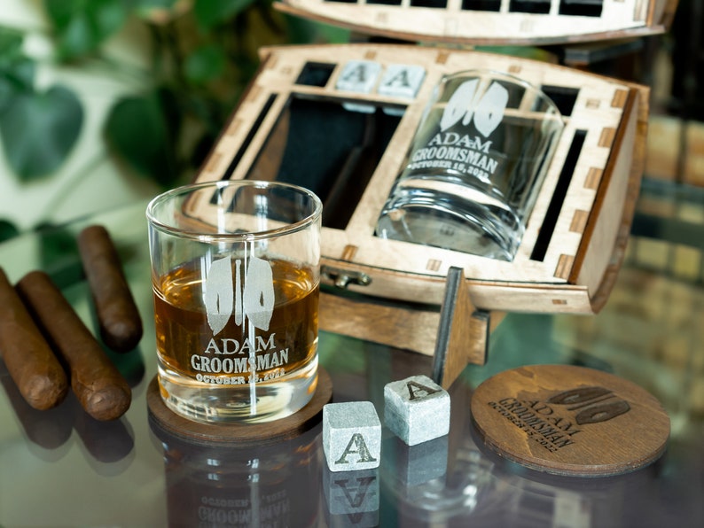 Groomsmen gift set, Engraved bourbon glasses and whiskey stones in a personalized barrel, Cool for the best man or usher image 2