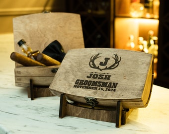 Unique Groomsman Gift Box, Wooden Barrel Wedding Box, Customizable Box for Best Man Gift, Men Keepsake Box, Wood Half Barrel Box Engraved