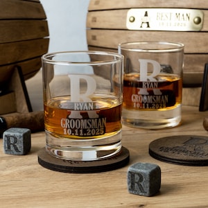 Personalized Whiskey Glasses Set, Engraved Whisky Barrel Bar, Custom Groomsmen Gifts for Bachelor Party, Best Man Proposal, Officiant Gift