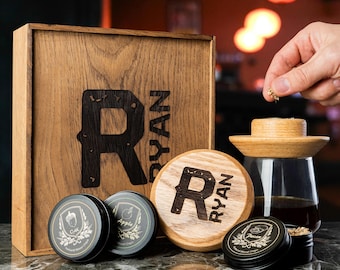 Personalized Whiskey Smoker Birthday Gift, Engraved Oak Cocktail Kit