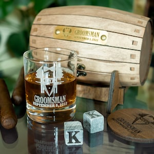 Groomsmen gift set, Engraved bourbon glasses and whiskey stones in a personalized barrel, Cool for the best man or usher image 7