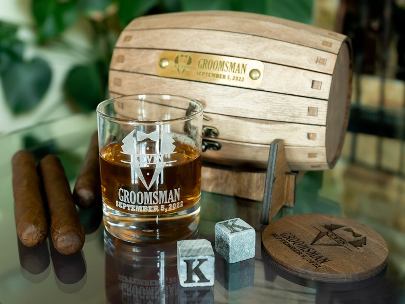 Groomsmen gift set, Engraved bourbon glasses and whiskey stones in a personalized barrel, Cool for the best man or usher image 7