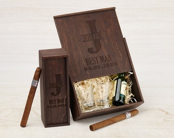 Groomsmen gift box with personalized shot glasses, Groomsmen proposal, Best Man proposal, Cigar gift box, Keepsake box