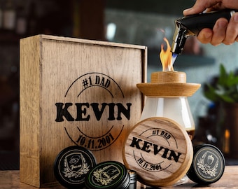 Personalized Whiskey Smoker Kit for Dad, Grandfather, Engraved Oak Cocktail Gift Set